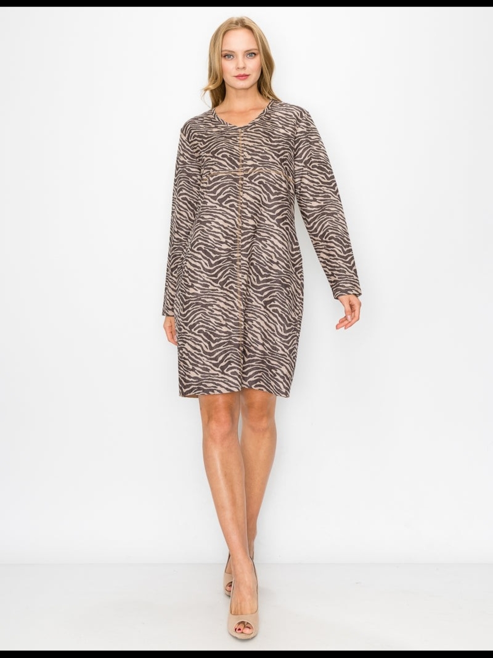 Zebra Print Long Sleeve Shift Dress in Taupe and Black